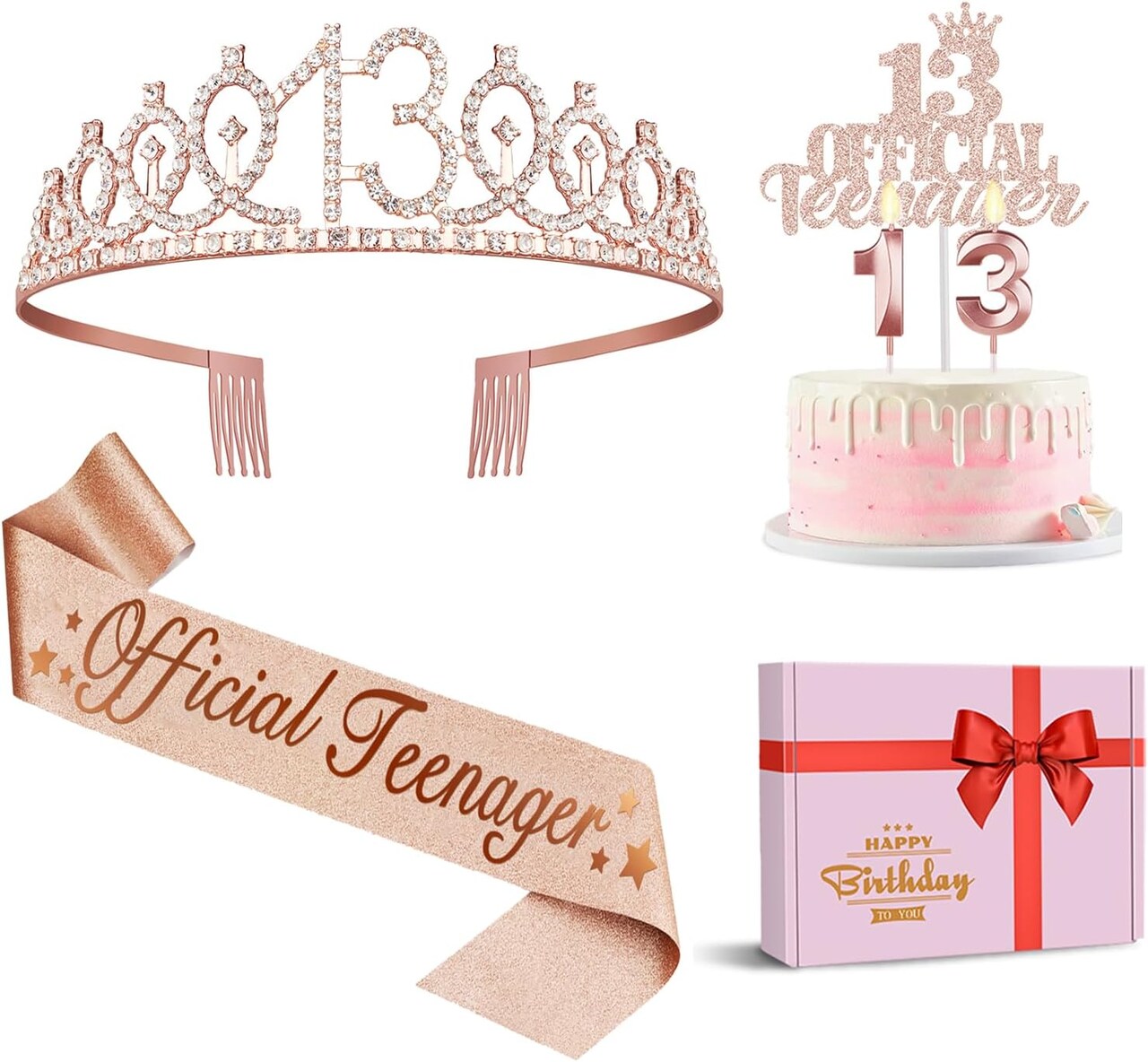 13th Birthday Decorations for Girls, Including 13th Birthday Crown/Tiara, Candles, Official Teenager Sash and Cake Toppers, Rose Gold Teen Girl Gifts for 13 Year Old Birthday Decorations